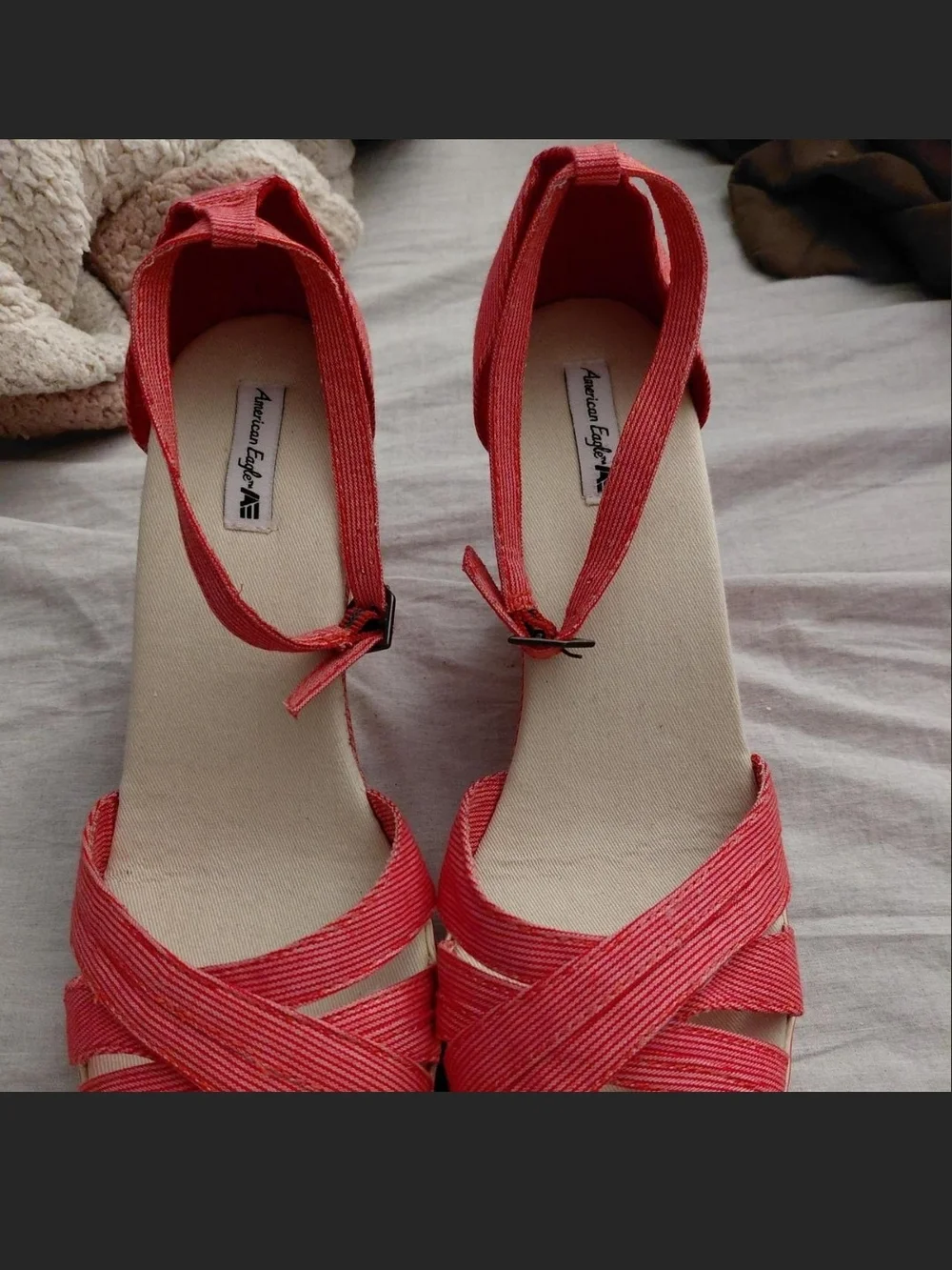 American Eagle Outfitters Red Wedge Sandals with Ankle Strap